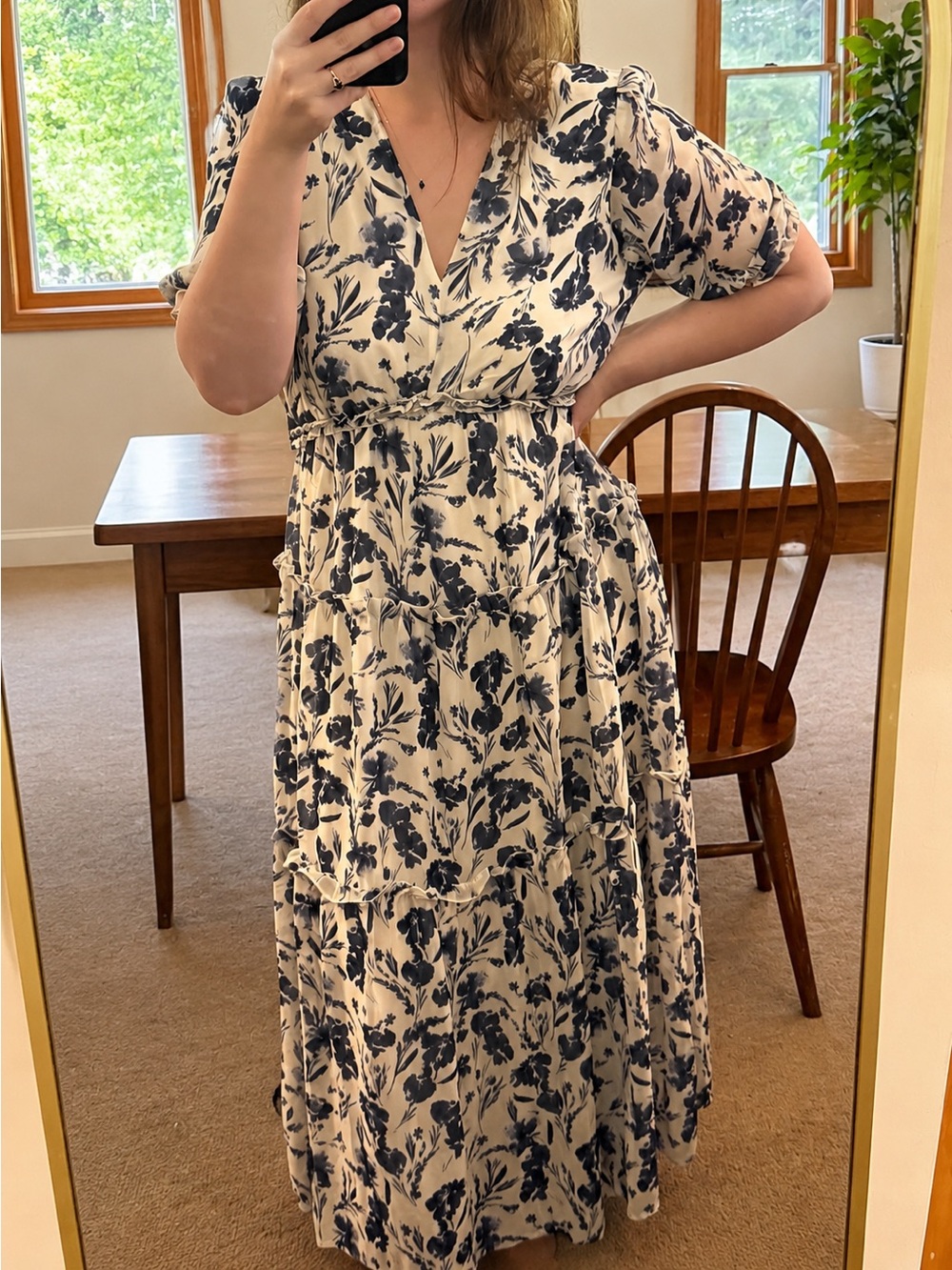 Simplee Apparel Cream Maxi Dress with Navy Floral Print